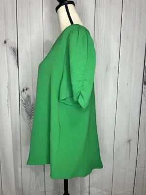 Jodifl Womens Sz Large Bright Green Short Ruched Sleeve V-Neck Blouse thumbnail 4