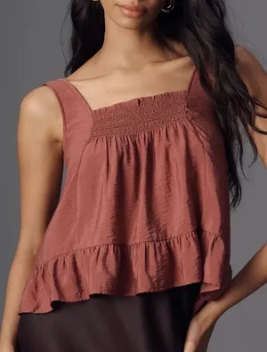 Maeve Peplum Tank Top Womens Large Burgundy Boho Smocked Cottage Flowy Date thumbnail 1