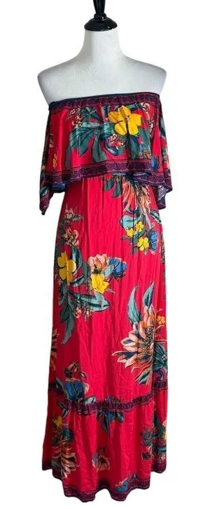 Flying Tomato Tropical Print Off The Shoulder Red Maxi Dress Womens XS Flowy Beach Vacation thumbnail 1
