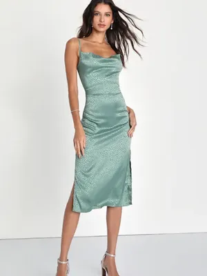 Lulus Total Stunner Sage Green Satin Jacquard Cowl Neck Midi Dress size small thumbnail 2