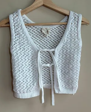 Hippie Rose bohemian white knit vest open front ribbons women's size‎ XS cotton thumbnail 1