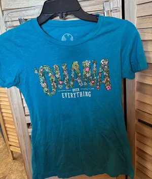 Teal Graphic Tee "Over Everything" Floral Lettering Small Blue thumbnail 1