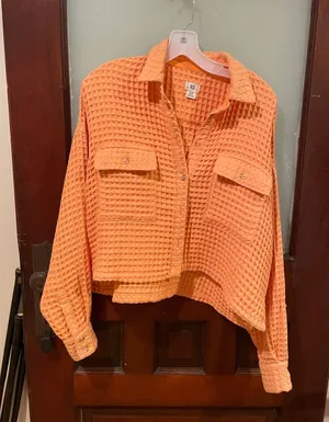 BDG Orange Waffle-Knit Utility Shacket thumbnail 1