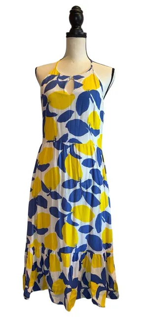 LOFT 10 Lemon Midi Dress Yellow Blue back zipper keyhole ruffles linen blend thumbnail 1