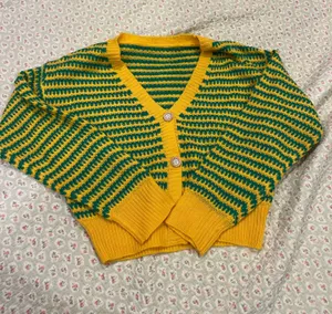 SheIn Brazil Yellow & Green Striped V-Neck Button Cardigan Sweater thumbnail 1