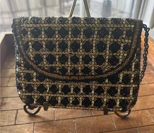 Vintage Beaded Evening Clutch Bag Black Gold Geometric Crossbody Formal PurseGUC thumbnail 1