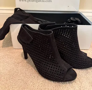 Pedro Garcia Black Perforated Suede Peep-Toe Ankle Boots thumbnail 1