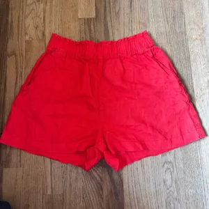 HM Red 100% Linen Paperbag Waist Shorts High Rise Elastic‎ Pockets Summer Small thumbnail 3