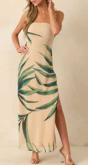 *NEW* Dress Forum Beige Palm Leaf Print Strapless Chiffon Maxi Dress thumbnail 1