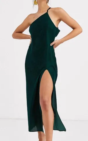 ASOS One Shoulder Dress Dark Green Velvet Slit thumbnail 1