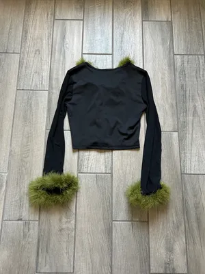 Black Long-Sleeve Crop Top with Olive Green Feather Trim thumbnail 2