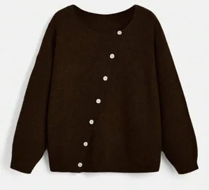 SHEIN asymmetrical diagonal button down brown sweater thumbnail 1
