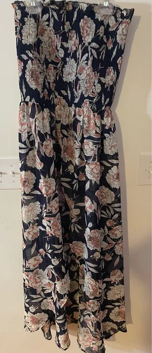 VENUS Navy Floral Maxi with Pink and Cream Accents Strappless Size M thumbnail 1