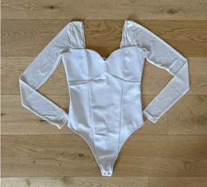 Abercrombie & Fitch - Long Mesh Sleeve Corset Style Bodysuit in Beige thumbnail 1