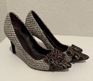 Tory Burch Cleo Tweed and Silk Bow High Heel Pump Brown Navy Leopard Size 7 thumbnail 1