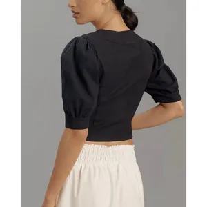 Anthropologie Puff Sleeve Scoop Neck Linen Crop Top‎ Black Size 6 EUC Size Large thumbnail 2
