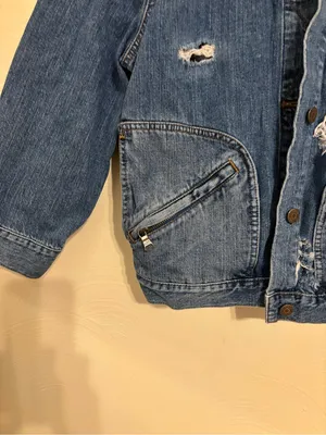 Lauren Jeans Co Ralph Lauren Distressed Denim Jacket Large Zip Pocket Trucker thumbnail 6