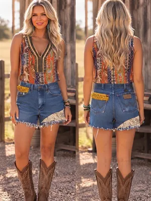 Reworked Vintage Wrangler Denim Shorts Size 27 Lace & Fringe Accent Boho Western thumbnail 2