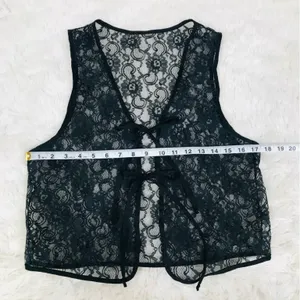 VINTAGE‎ Sheer Black Lace Tie Front Vest Top Small Goth Fairycore Grunge Y2K 90s thumbnail 6