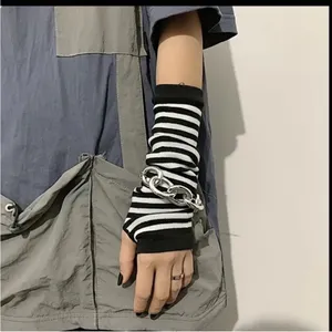 Striped Black and White Fingerless Gloves Black thumbnail 2