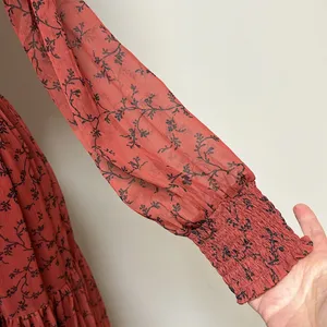 NWT bohme Smocked Tiered Maxi Dress Sheer Sleeves Rust with black design size S thumbnail 4