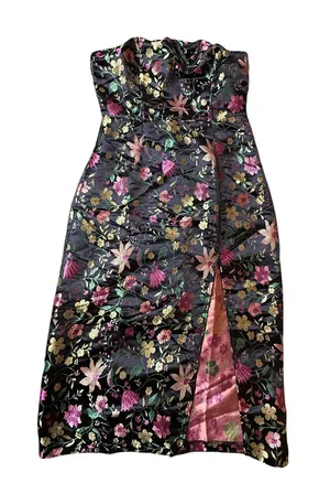 Lulus Small Black Floral Jacquard Strapless Midi Dress Cocktail Wedding Guest thumbnail 1