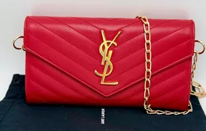 Yves Saint Laurent YSL Monogram Chevron Leather Clutch Crossbody Wallet with Chain Red thumbnail 1
