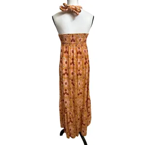 NWT Aerie Sz XS Linen Blend Halter‎ Maxi Dress Ikat Orange Pink Boho Braided thumbnail 5