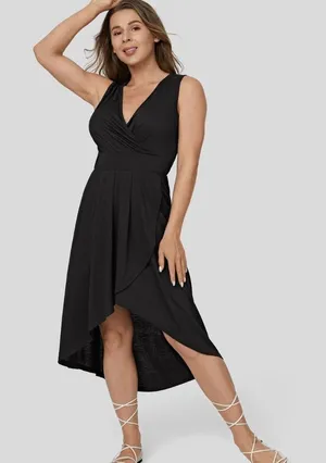 Halara Deep V Neck High Low Crossover Hem Midi Dress Black Large NWT thumbnail 1