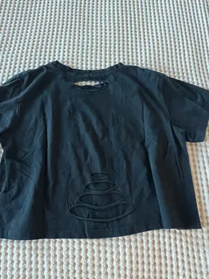 Black crop top with cutout detail and stacked stone graphic #cutout #stone thumbnail 2