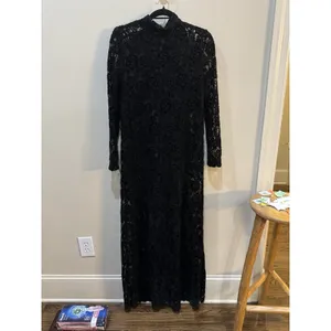 ALOHAS Tiban Black Lace Maxi Dress Mock Neck Bow Size Medium Velvet Long Sleeve thumbnail 4