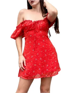 Urban Outfitters Red Ditsy Floral Milkmaid Puff Sleeve Cottagecore Mini Dress L thumbnail 1
