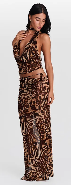 Sasha Therese Aubrey Maxi Skirt Leopard Print Mesh Sheer Cut Out XS⁠ Resortwear thumbnail 2