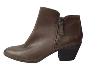 Frye Judith Women's Brown Leather Double Zip Almond Toe Heeled Ankle Boots Sz 9M thumbnail 1