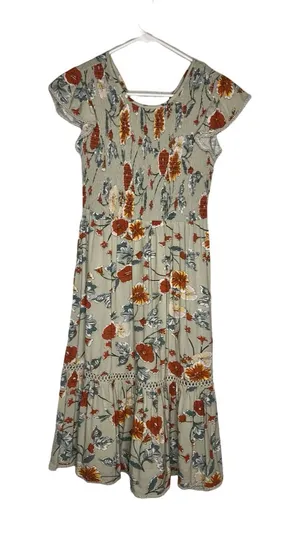 Patrons of Peace Floral Smocked‎ Midi Dress Sage Green Flutter Sleeve J1928F58 S thumbnail 1