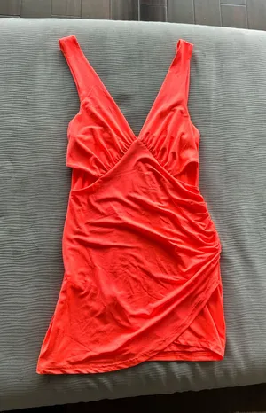Neon Coral Ruched Cutout Mini Dress thumbnail 1