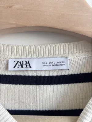 Zara Women’s L Cream Navy Striped Knit Cropped Short Sleeve Top Coastal thumbnail 3