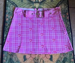 Dolls Kill Pink Plaid A-Line Mini Skirt with Heart Print & Belt thumbnail 1