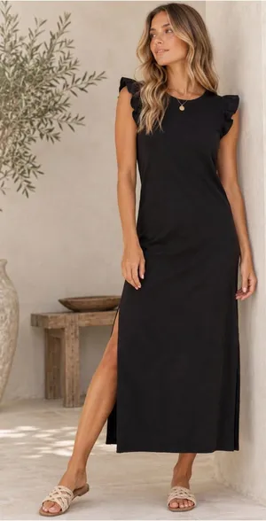 Z Supply Blakely Slub Ruffle Midi Maxi Dress Black 100% Cotton Side Slit M thumbnail 1