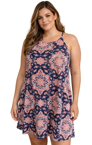 French Grey Sleeveless Medallion Swing Dress Navy Coral – Size L thumbnail 1