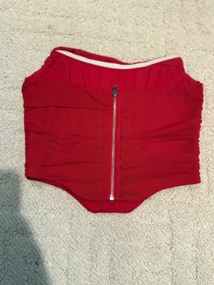 Red Strapless Ruched Mesh Corset Top Pointed Hem thumbnail 4