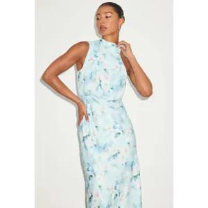 NWT Lulus Distinctive Charm Blue Floral Satin Asymmetrical Midi Dress Party XS thumbnail 3