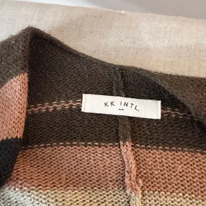 KK Intl. Brown Stripes Knit Open Front Poncho Long Cardigan Sweater Size XL thumbnail 7