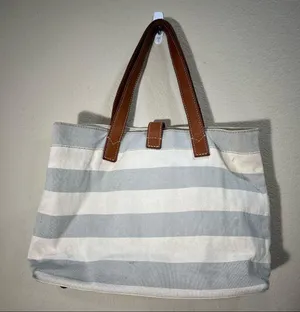 Fossil Rachel Blue Gray /Cream Coated Canvas KEY Leather Shoulder Tote Bag thumbnail 2