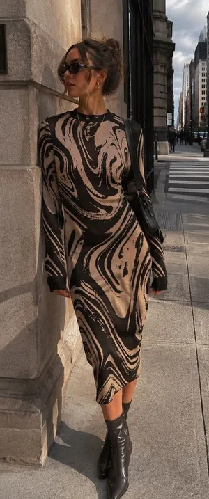PrettyLittleThing Black & Beige Marble-Print Midi Dress thumbnail 1