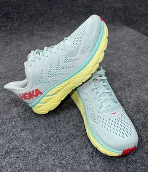Hoka Clifton 7 running shoes in the Morning Mist and Hot Coral colorway size 10D thumbnail 1