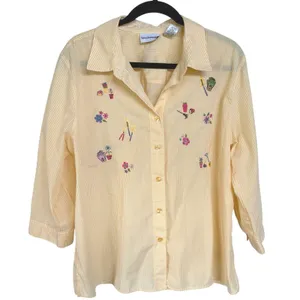 Vintage Butter Yellow Garden Top Floral Grandma Button Down 3/4 Sleeve Blouse XL thumbnail 1