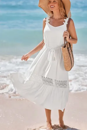 Cupshe Powder Lace & Tie Midi Summer Dress White Small NWT Minimalist Vacay Feminine thumbnail 1