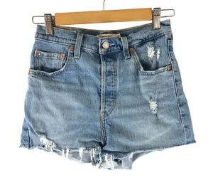 Levis Womens Ribcage Jean Shorts Blue Distressed Medium Wash Stretch Pockets 26 thumbnail 1