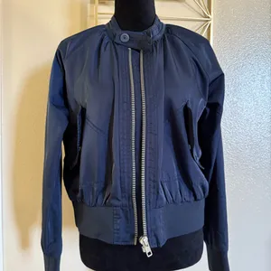 Free People Midnight Bomber Jacket Full Zip Sateen Navy Blue size Small thumbnail 3
